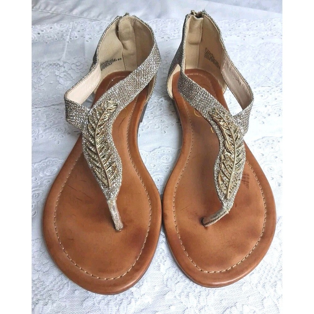 Jessica Simpson Womens 7.5M Kalie's Gold Sandals Feather Bling Summer Metallic